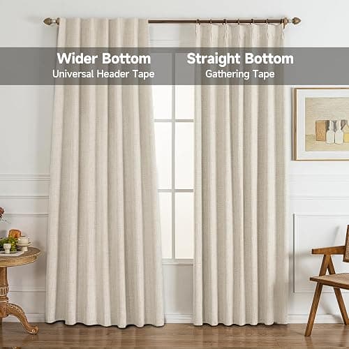 Gleantdeco Cream Curtains with Ruffle Tape, Opaque Thermal Curtain for Bedroom, Living Room, Window, Pleated Linen Look, Blackout Curtains, Set of 2, 245 cm Long, 101 cm Wide thumbnail 2