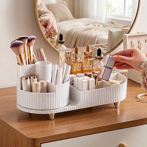 Booklov Rotating Makeup Organizer for Vanity Countertop, White | Plastic Cosmetic Display Case, Large Beauty Brush Holder for Bathroom Counter, Skin Care Perfumes Storage thumbnail 4