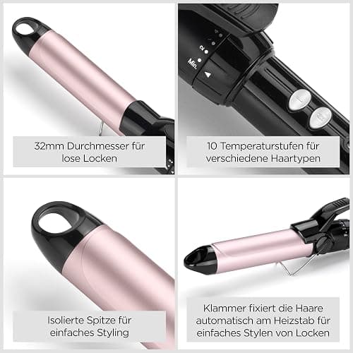 BaByliss 32mm Lockenstab – Turmalin-Keramik beschichteter Lockenstyler für große Locken, 10 Temperaturen, schnelles Aufheizen, frizzfreie Locken, integrierter Standfuß – Schwarz & Pink, C332E thumbnail 4