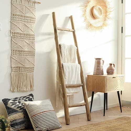 FUIN Fully Assembled 57in Wood Blanket Ladder Living Room Decorative Wall Leaning Farmhouse Quilt Display Holder Rustic Wooden Towel Rack for Bathroom, Brown thumbnail 9