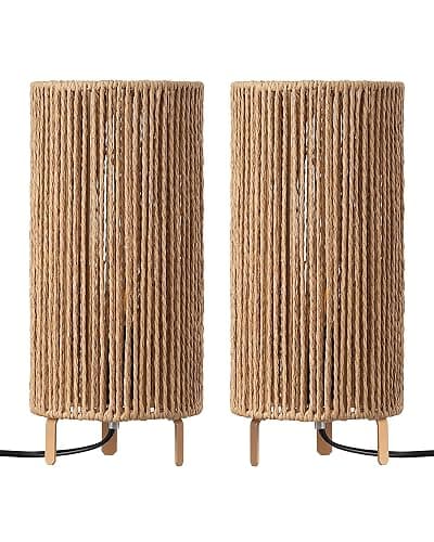 EDISHINE Boho Bedside Lamps Set of 2, Rattan Table Lamp for Living Room, Bedroom, LED Bulb Included, E27 Base, Vertical Stripes Lampshade thumbnail 8