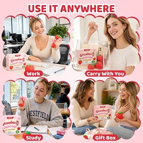 4 Pcak Strawberry Squish Stress Balls, Cute Bulk Strawberry Squeeze Toys | Fruit Squishies Toy, Big Kawaii Sticky Stress Fidget Toy for Kids, Teen Boys Girls Birthday Gift Ideas thumbnail 6