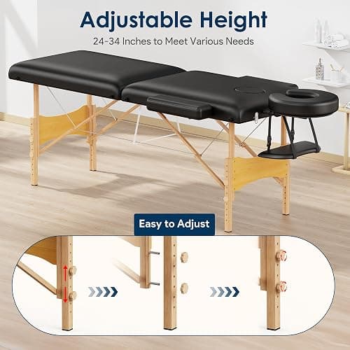Brelley Massage Table Portable Wooden Lash Bed 24" Wide Adjustable Height 2-Fold Spa Table Foldable Tattoo Bed (Black) thumbnail 6