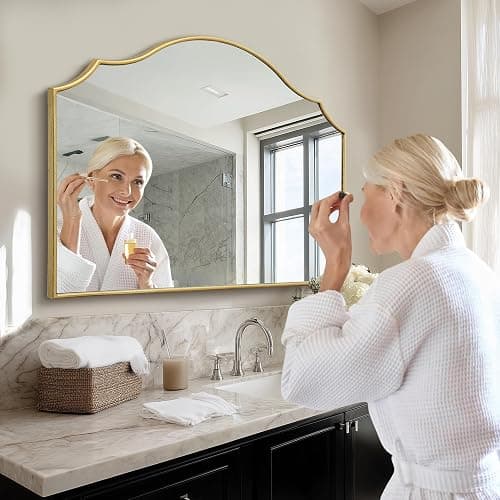Besdomus Gold Scalloped Wall Mirror: 40"x29" Large Modern Minimalist Bathroom Mirror - Decorative Vanity Arched for Dresser/Entryway/Fireplace/Mantle/Living Room - Home Decor for Housewife thumbnail 4