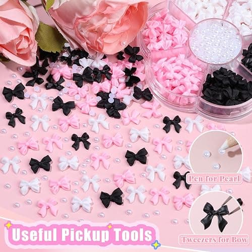 Charms Kit for Nails, 400Pcs Bow and Flatback Pearls Set, 3D Acrylic Rhinestones for Nails Art Design, Pink Black White Bowknot Gems for DIY Crafts, Manicure Decoration Supplies thumbnail 4