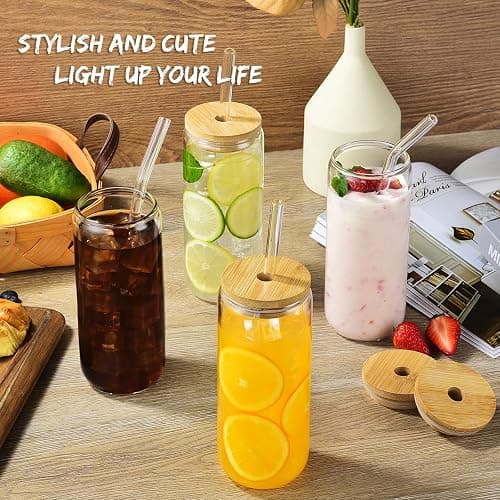SENTVEND 20 Oz Drinking Glasses with Bamboo Lids and Glass Straw - 6 Pcs Glass Cups Beer Ice Coffee Glasses Cute Aesthetic Cup Great for Coffee Bar Accessories Include 2 Cleaning Brushes thumbnail 2