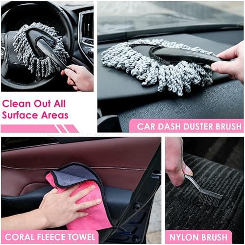 Viewsun Windshield Cleaner Tool, 17Pcs Pink Car Interior Cleaning Kit, Detailing Kit Cleaner, Detailing Brush, Cleaning Gel, Inside Cleaning Supplies Accessories for Women Girl Gift thumbnail 6