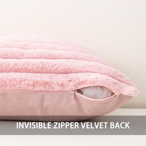 Aegero Pack of 2 Faux Fur Christmas Throw Pillow Covers 18x18 Inch, Pink | Fall Plush Striped Couch Pillow Cover, with Velvet Back Modern Home Decorative Throw Pillow for Sofa Living Room Couch Bed thumbnail 4