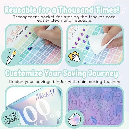 Axolotl 100 Envelopes Money Saving Challenge Binder, A5 Savings Budget Challenges Binders with Cash Envelopes, 100 Days Envelope Saving Binder Book, Budget Planner (Laser Blue) thumbnail 4