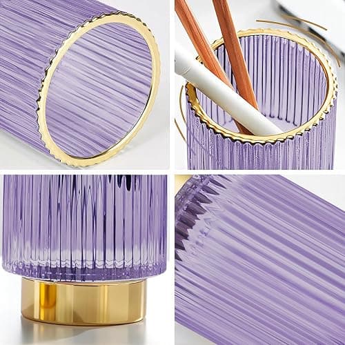 DASITON Makeup Brush holder Organizer,Crystal Cosmetic Makeup Brush Glass Brushes Storage Holder, Vintage Make Up Brush Cup Pen Pencil Holder striped vase(Purple L) thumbnail 6