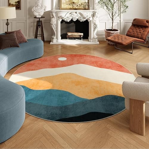 Sungea Mountain Round Rugs 8ft, Abstract Circle Rug for Living Room Non Slip Washable Bedroom Area Rug, Soft Extra Large Round Carpet for Nursery Dinng Room Playroom(Multi) - 8' (Round) - Multi Color thumbnail 7
