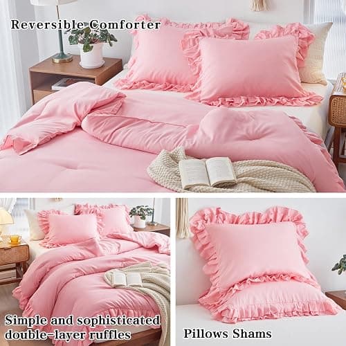 Pink Ruffled Comforter Set Twin Size, 3 Pieces (1 Ruffled Comforter and 2 Pillowcases) Farmhouse Shabby Chic Style with 2 Layers Ruffle, Solid Color Lightweight Soft Fluffy Bedding Sets for Girls - Pink - Twin (1 Comforter + 2 Pillow Shams) thumbnail 5