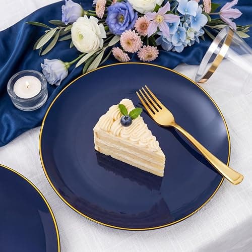 NOCCUR 350PCS Navy Blue Plastic Plates - Blue Disposable Dinnerware Set for 50 Guests, 100 Dinner/Dessert Plates, 150 Gold Silverware, 50 Cups&50 Napkins for Party/Wedding/Graduation/Independence Day thumbnail 4