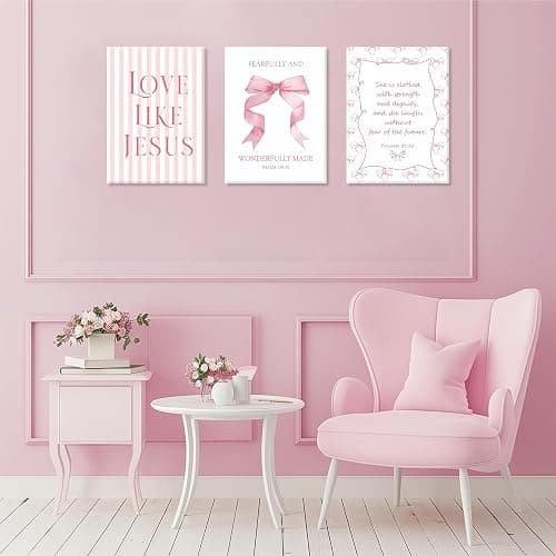 Coquette Pink Bow Wall Art Set of 3, Light Pink Bow Dorm Room Wall Decor Paintings, Inspirational Scripture Verses Canvas Posters Prints Pictures for Girls Dorm Room Bedroom Bathroom 12x16 Inch Framed thumbnail 8