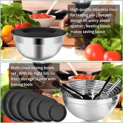 WEPSEN Mixing Bowls Set, 27PCS Stainless Steel Mixing Bowl with Lid Set, Large Nesting Bowls 7, 4.5, 3, 2.5, 2, 1.5QT, Measuring Cups and Spoons Baking Utensils Metal Bowl for Kitchen Prep - E-Black Bowls Set thumbnail 3