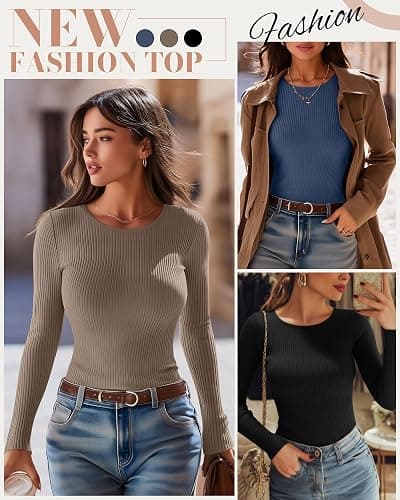 Riyiper 3 Pack Women's Long Sleeve Shirts, Cotton Crew Neck Ribbed Tops Slim Fit Casual Knit Tees Stretch Basic T Shirts 2025 thumbnail 2