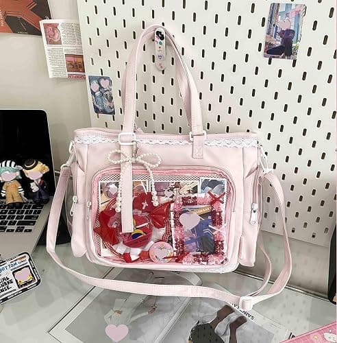 JIABAOZ Ita Bag Umhängetasche Damen, Pin Display Tasche mit Einsatz und Transparentem Sichtfenster, Kawaii Y2K Schultertasche mit Rüschen und Reißverschluss, Anime Messenger Bag thumbnail 5
