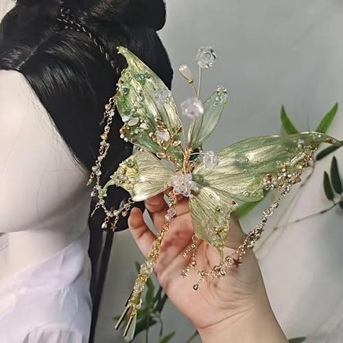 Treayes Butterfly Hair Clip for Women - Green Fairy Hair Accessories with Tassel Butterfly Wings Elf Claw Clips Elven Hair Clamps for Photoshoot Prom Renfaire Fantasy Costume Cosplay - Image 1