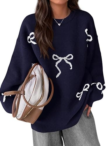 PRETTYGARDEN Fall Long Sleeve Pullover Sweaters for Women 2025 Trendy Crewneck Casual Cute Bow Chunky Knit Oversized Sweater thumbnail 2