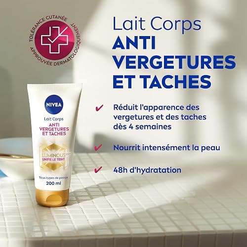 NIVEA Luminous630® Lait Corps Anti Vergetures et Taches (1 x 200 ml), soin corps anti tache hydratant 48h réducteur de vergetures, soin femme pour tous types de peaux thumbnail 2