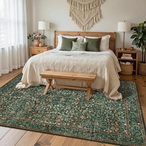 Rugxara 5x7 Area Rugs for Living Room Bedroom, Large Washable Rug, Green Vintage Floral Boho Rug, Non Slip & Low Pile Faux Wool Thin Carpet for Indoor Dining Room and Kids Room(Green 5x7ft) thumbnail 3