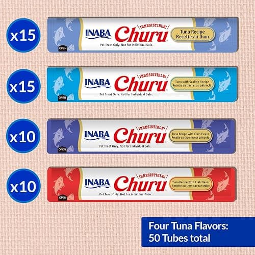 INABA Churu Cat Treats, Grain-Free, Lickable, Squeezable Creamy Purée Cat Treat/Topper with Vitamin E & Taurine, 0.5 Ounces Each Tube, 50 Tubes, Tuna & Seafood Variety thumbnail 4