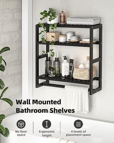 Galood Over The Toilet Storage Bathroom Shelves Wall Mounted 3 Tier Space Saver Corner Shelf Organizer Bamboo Towel Rack Toilet Paper Cabinet with Hanging Rod Black thumbnail 4