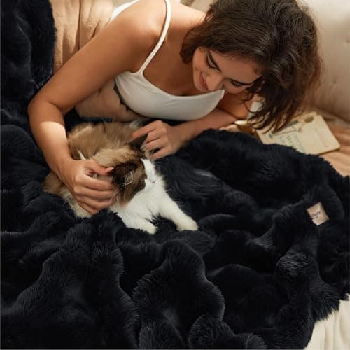 Bedsure GentleSoft Fluffy Faux Fur Throw Blanket for Couch, Soft Fuzzy Bubble Blanket Home Decor Gifts for Bedroom Living Room, Thick Warm Furry Cozy Gifts for Women, Black, 50x60 Inch thumbnail 5