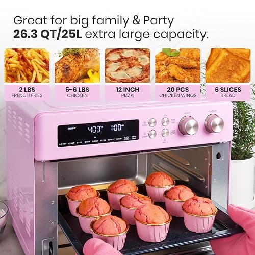 VAL CUCINA Retro Style Infrared Heating Air Fryer Toaster Oven, Extra Large Countertop Convection Oven 10-in-1 Combo, 6-Slice Toast, Enamel Baking Pan Easy Clean with Recipe Book, Classic Pink Color thumbnail 5