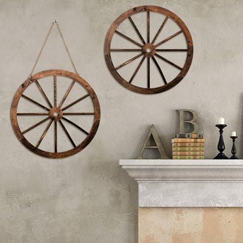 Qunclay 2 Pcs Wagon Wheel Decor Wooden Western Cowboy Party Decorations Vintage Rustic Wagon Wheel Wood Cartwheel Decor for Bar Garage Indoor Outdoor (Brown,12 Inch) thumbnail 2