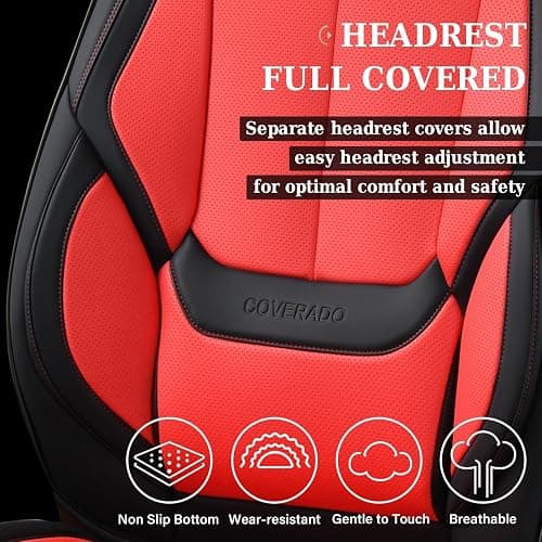 Coverado Car Seat Covers Full Set, Seat Covers for Cars, Car Seat Protector Waterproof, Nappa Car Seat Cushion, Car Seat Covers Front Seats and Back Fit for Most Cars BlackRed thumbnail 8
