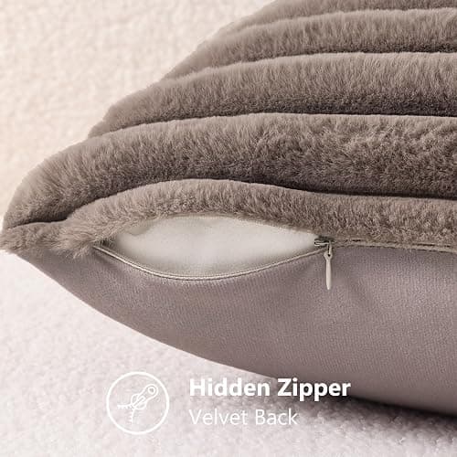 decorUhome Cozy Faux Fur Throw Pillow Covers 12x20 Set of 2 Decorative Soft Plush Striped Lumbar Modern Farmhouse Boho Couch Pillow Cases with Velvet Back for Sofa Bed Living Room, Light Coffee thumbnail 8