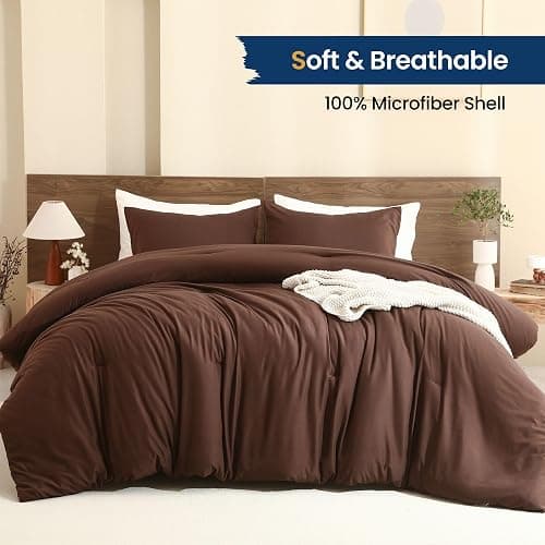 Paxrac Earthy Brown Comforter Full Size, Neutral 3 Pieces Comforter Set, Lightweight Solid Bedding Set, All Seasons Soft Fluffy Full Comforter Set (80x90In Comforter & 2 Pillowcases) thumbnail 2