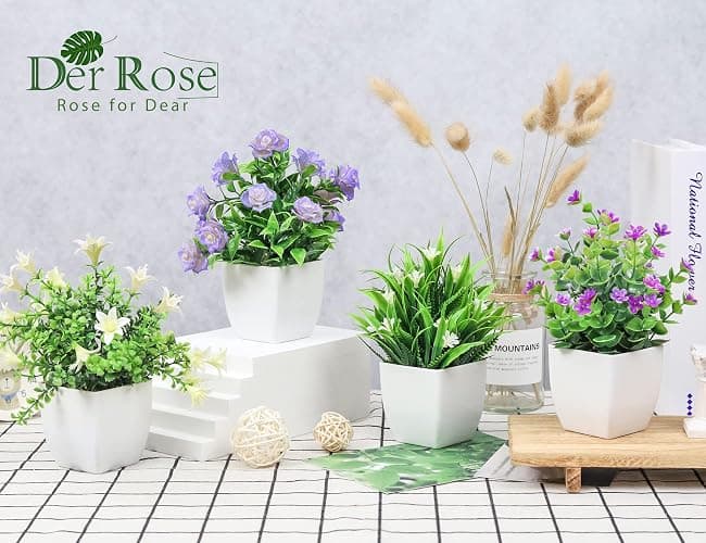 Der Rose 4 Pack Small Fake Plants Mini Artificial Faux Plants Indoor with Flowers Spring Decorations for Home Room Farmhouse Desk House Bathroom Decor thumbnail 2