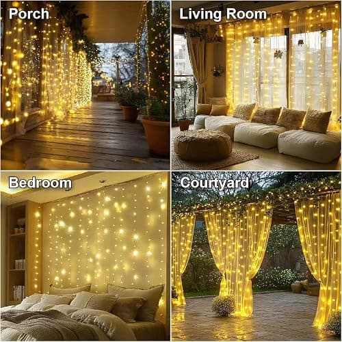 HXWEIYE 300LED Fairy Curtain Lights, 9.8x9.8Ft USB Plug-in 8 Modes Christmas String Hanging Lights with Remote for Bedroom Backdrop Wedding Indoor Wall Decor, Warm White, Standard – 1 Pack thumbnail 6