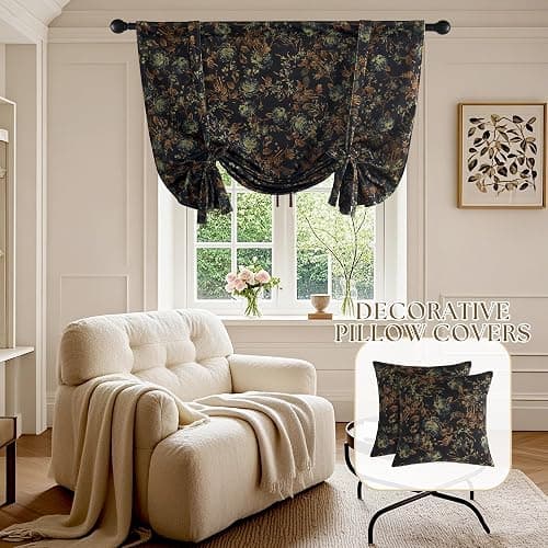 StangH Vintage Floral Tie Up Curtains for Living Room, Black Flower Patterned Light Blocking Velvet Drapes Thermal Insulated Farmhouse Drapes for Bedroom Home Office, W46 x L63, 1 Panel thumbnail 7