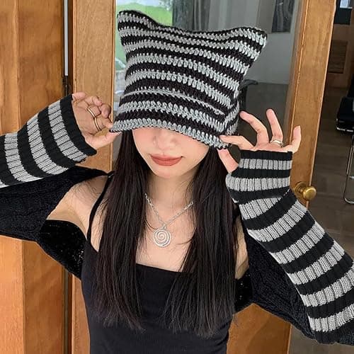 6PCS Therian Stuff,Y2k Jewelry Set with Grunge Necklace,Fingerless Gloves,Knitted Emo Beanie, Bracelet,Glasses,Leg Warmers thumbnail 4