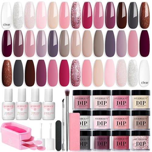 AZUREBEAUTY 31 Pcs Dip Powder Nail Kit Starter 20 Colors Clear Nude Pink Brown Glitter All Season Acrylic Dipping Powder Liquid Set with Top/Base Coat Activator for French Nail Art DIY Salon Gift - Image 1