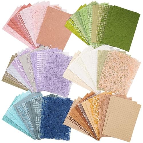 96 Sheets Textured Scrapbook Paper and Mesh Fabric Assorted Set - 6 Pack Mixed Special Paper for Scrapbooking Planner Bullet Junk Journal Supplies Mixed Media Collage Card Embellishments 3.9x5.5 Inch - Image 1