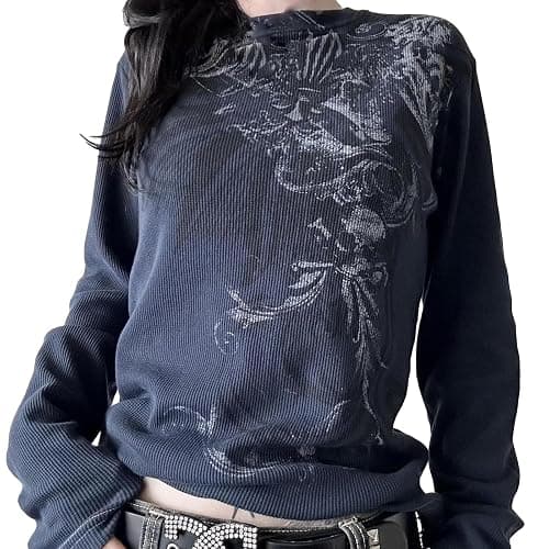 Y2k Fairy Grunge Graphic Long Sleeve Tees Tops Women E-Girls Aesthetic Gothic Skull Print Baggy T Shirts Emo Clothes - Image 1