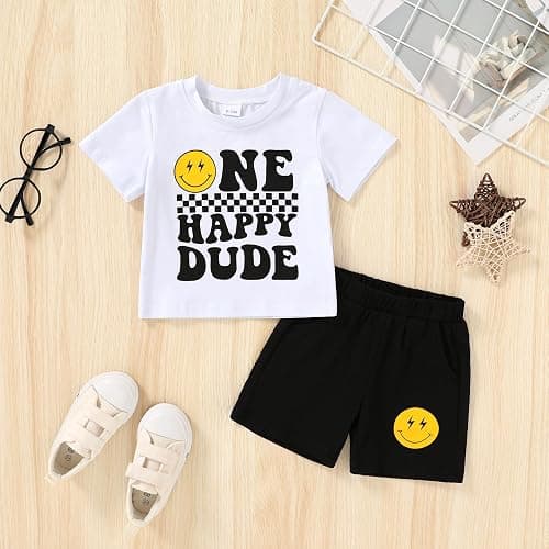 Happy Town Baby Boy Summer Clothes One Happy Dude 1st Birthday Outfits Smile Cool Short Sets thumbnail 2