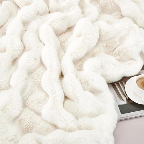 JONIYEAR Soft Fuzzy 900GSM Bubble Faux Rabbit Fur Throw Blanket 50" x 60", Double Sided Solid Thick Warm Fluffy Blanket for Winter, Luxury Cozy Puffy Shaggy Comfy Furry Blankets for Couch, Cream White - Cream White - 900gsm - Travel/Throw Size - 50" x 60" thumbnail 5