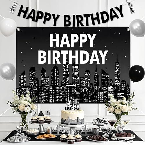 Cheerupp Black New York City Skyline Theme Birthday Decorations Set | Black NYC Skyline City Themed, NYC Skyscraper Design, Backdrop, Banner, Cake Cupcake Toppers, Balloons, for Bday Party thumbnail 2