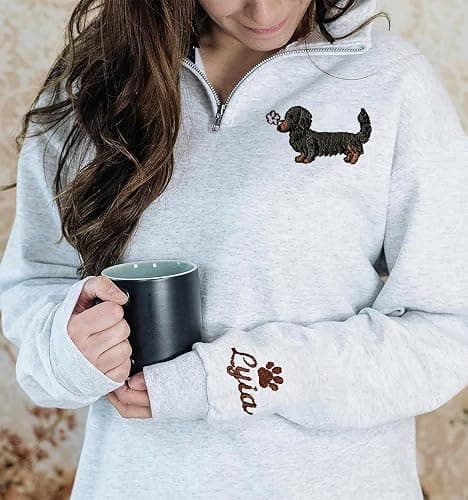 Personalized Embroidered Dachshund Quarter Zip Sweatshirt with Dog Name on Sleeve, Crewneck Sweatshirt, Wiener Dog Gift, Dachshunds Sweater for Women thumbnail 8
