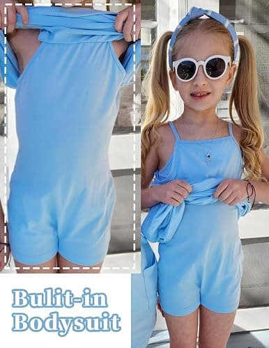 Arshiner Girls Dress with Shorts Casual Summer Spaghetti Straps One Piece Romper Dresses with Pockets for Kid 5-15 Y - 9-10 Years - Light Blue thumbnail 6