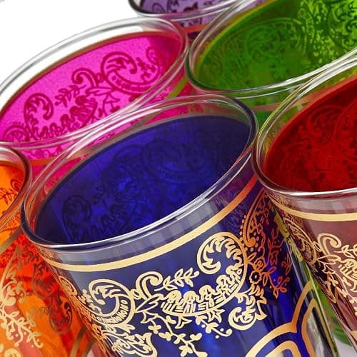 Moroccan Teapot Set Engraved Large: Silver Tea Pot with Integrated Filter and Teapot Holder, 6 Multicoloured Tea Glasses and Silver Tray, Handmade in Morocco, Serving Mint Tea Gift Set thumbnail 9