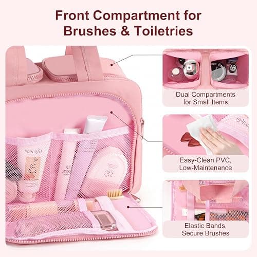 XWFB Travel Toiletry Bag Duffel - Water Resistant, Wide-open Large Lightweight Makeup Bag for Women with Handle & Wet Pocket, Puffy Organizer for Toiletries,Dark Pink thumbnail 4