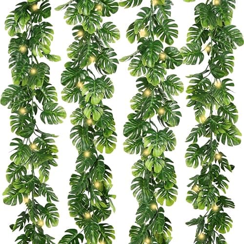IPOPU 4PCS Artificial Monstera Leaf Ivy Vines with Light Strings, 5.7FT Faux Tropical Palm Leaf Garland Fake Monstera Hanging Greenery Plant for Garden Jungle Hawaiian Party Porch Patio Outdoor Decor - Image 1