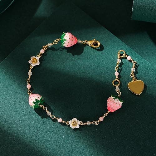 Women's Stylish Versatile Bracelet - Elegant White Flower, Pink Strawberry Charm, Fresh & Sweet Bohemian Design Jewelry, Perfect Friendship Gift for Friends & Loved Ones thumbnail 5
