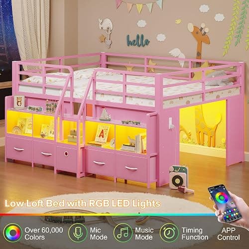 BYSAUD Full Low Loft Bed with 5 Storage Drawers and 6 Bookcases, Pink | Metal Loft Bed for Kids with LED Lights & Charging Station, 15" Safety Guardrail & Ladder, Under-Bed Play Space thumbnail 4